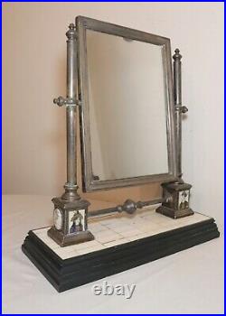 Rare antique silver-plated Middle Eastern vanity dresser mirror agate paintings