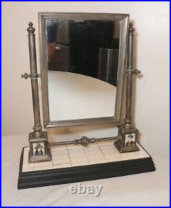 Rare antique silver-plated Middle Eastern vanity dresser mirror agate paintings