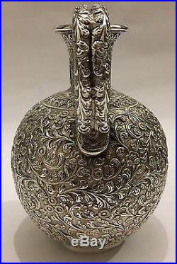 SUPERB ANTIQUE CHASED ISLAMIC PERSIAN INDIAN KUTCH SILVER JUG/EWER/PITCHER 516g