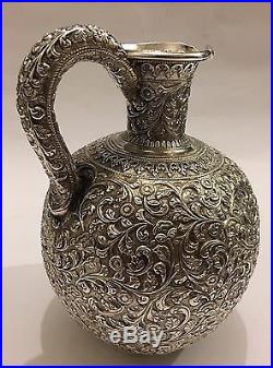 SUPERB ANTIQUE CHASED ISLAMIC PERSIAN INDIAN KUTCH SILVER JUG/EWER/PITCHER 516g
