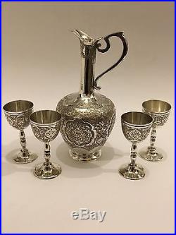 Superb Antique Chased Islamic Persian Silver Ewer/ Pitcher/ Jug & Goblets
