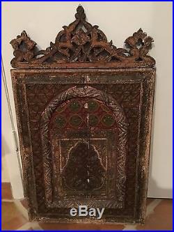 SUPERB relief carved gesso painted wooden plaque 17thC Ottoman Islamic persian