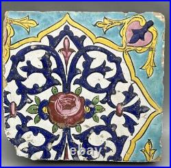 Safavid Cuerda Seca Polychrome Tile Decorated Yellow Blue Purple 18th Century AD