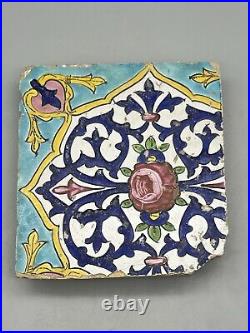 Safavid Cuerda Seca Polychrome Tile Decorated Yellow Blue Purple 18th Century AD