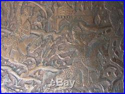 Signed Antique Vintage Persian Tray Chased Tinned Copper Warriors Animals 26