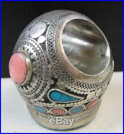 Silver Afghan wax seal signet Ring Carved turquoise rose quartz coral