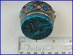 Silver Afghan wax seal signet Ring Carved turquoise rose quartz coral