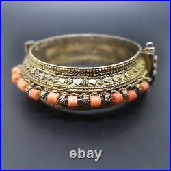 Silver bridal Yemenite Bracelet antique vintage coral hinged