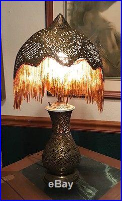 Smallish Antique Pierced Brass Ottoman Empire Turkish Beaded Lamp Light Up Base