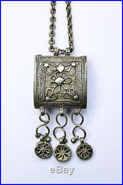Solid silver Yemen Islamic solid silver prayer amulet on brass chain antique