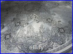 Spectacular Masterly Engraved Persian Islamic Solid Silver Tray By Master Lahiji