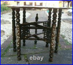 Stunning Antique Islamic Inlaid Folding Side Table With Brass Tray Top