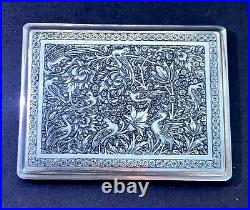 Stunning Beautifully Engraved Birds Persian Isfahan Silver Cigarette Case