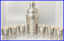 Stunning heavy Persian islamic ottoman silver Cocktail Shaker with 6 Shotglasses