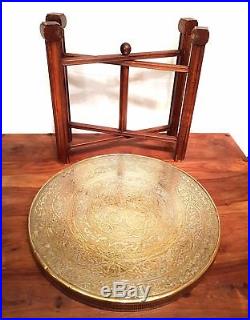 Superb 23.5 LARGE ANTIQUE VINTAGE BRASS TOP TRAY PLATTER FOLDING TABLE ISLAMIC