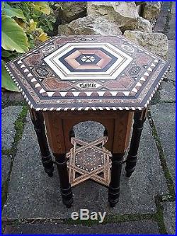 Superb Antique Hexagonal Islamic Wooden Inlaid Table With Stunning Top And Shelf