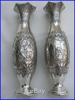 Superb Pair of 20thC Middle Eastern Solid Silver Hand Chased & Engraved Vases