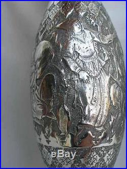 Superb Pair of 20thC Middle Eastern Solid Silver Hand Chased & Engraved Vases