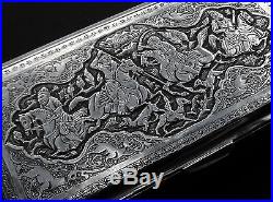 Superb Quality Antique Persian Islamic Solid Silver Box with Hunting Scenes