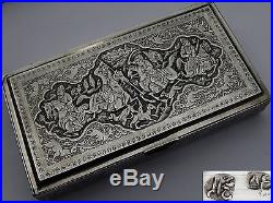 Superb Quality Antique Persian Islamic Solid Silver Box with Hunting Scenes