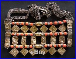 Three-Tiered Omani Bedouin Shubqah Necklace with Silver, Gold-Leaf & Coral