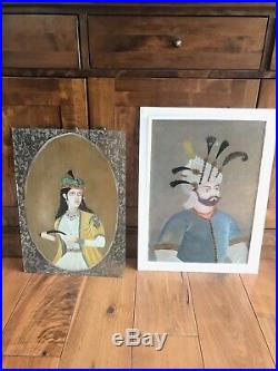 Two Antique Or Vintage Indian Islamic Arabic Ghajare Portrait Painting On Glass