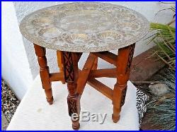 VINTAGE MIDDLE EASTERN DECORATIVE FOLDING COFFEE TABLE with BRASS TRAY TOP