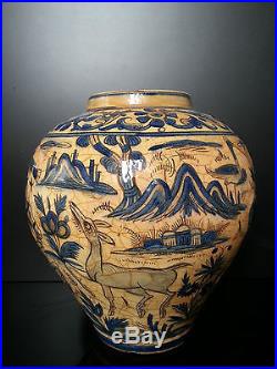 Very fine Qajar Islamic Middle East ceramic vase with Falconry