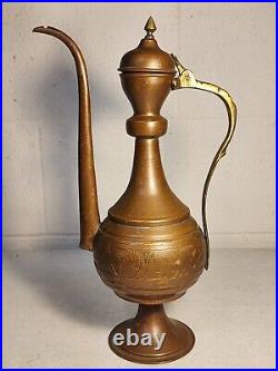 Vintage 14 Copper And Brass Etched Middle Eastern Coffee Pot