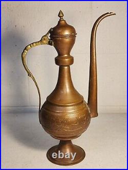 Vintage 14 Copper And Brass Etched Middle Eastern Coffee Pot