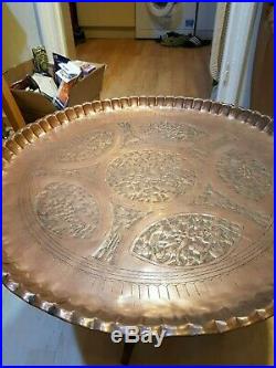 Vintage 23 Copper Middle Eastern Folding Wood Base Table Engraved Drink Tray