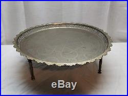 Vintage Antique Carved Scroll White Metal Art Brass Bronze Tin Coffee Table Tray