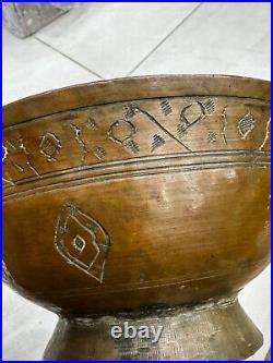 Vintage Antique Islamic Middle Eastern Large Tinned Copper Engraved Bowl