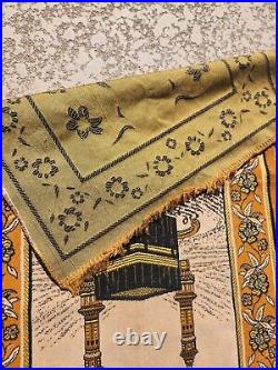 Vintage Antique Middle Eastern Wall Tapestry Prayer Rug Gold Black with Fringe