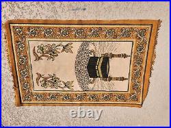 Vintage Antique Middle Eastern Wall Tapestry Prayer Rug Gold Black with Fringe