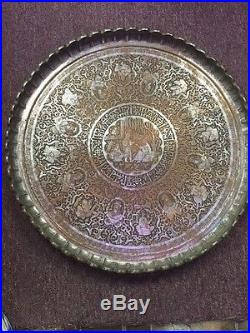 Vintage Antique Silver Tone & Copper Middle East Persian Tray Engraved