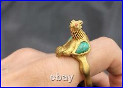 Vintage Beautiful Near Eastern Silver Gold Plated Brid Ring With Malachite Stone