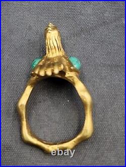 Vintage Beautiful Near Eastern Silver Gold Plated Brid Ring With Malachite Stone