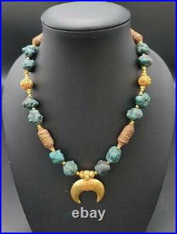Vintage Beautiful Tibeten Turquoise Stone Necklace With Brass Gold Plated Beads