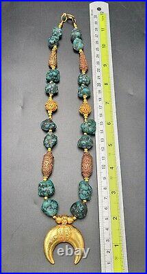 Vintage Beautiful Tibeten Turquoise Stone Necklace With Brass Gold Plated Beads