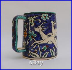 Vintage Blue Gazelles Mug Hand Painted Jerusalem Armenian Pottery Iznik Mug