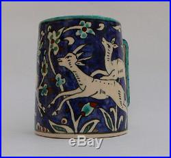 Vintage Blue Gazelles Mug Hand Painted Jerusalem Armenian Pottery Iznik Mug