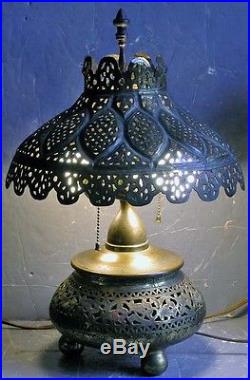 Vintage Brass Filigree Engraved Moroccon Persian Lamp Urn Base Repousse Shade