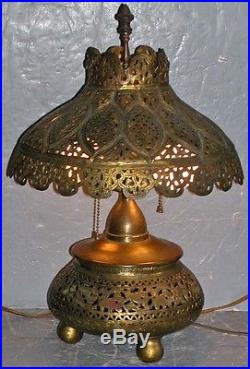Vintage Brass Filigree Engraved Moroccon Persian Lamp Urn Base Repousse Shade