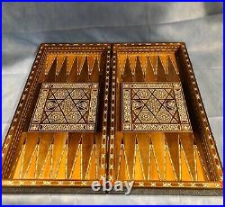 Vintage Chess & Backgammon Middle Eastern Premium Inlaid Wood Game Board & Box