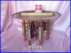 Vintage Egyptian Tea Table Etched Design Brass Tray Top Inlaid Arab Wood Legs Nr