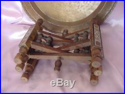 Vintage Egyptian Tea Table Etched Design Brass Tray Top Inlaid Arab Wood Legs Nr