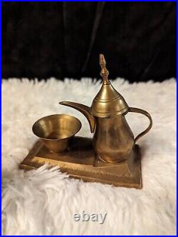 Vintage Etched Brass Middle Eastern Arabic Islamic Turkish Coffee Tea Set