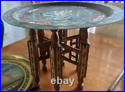 Vintage ISLAMIC INLAID FOLDING SIDE TABLE WITH BRASS TRAY Egypt