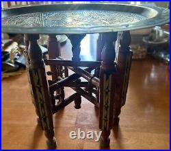 Vintage ISLAMIC INLAID FOLDING SIDE TABLE WITH BRASS TRAY Egypt